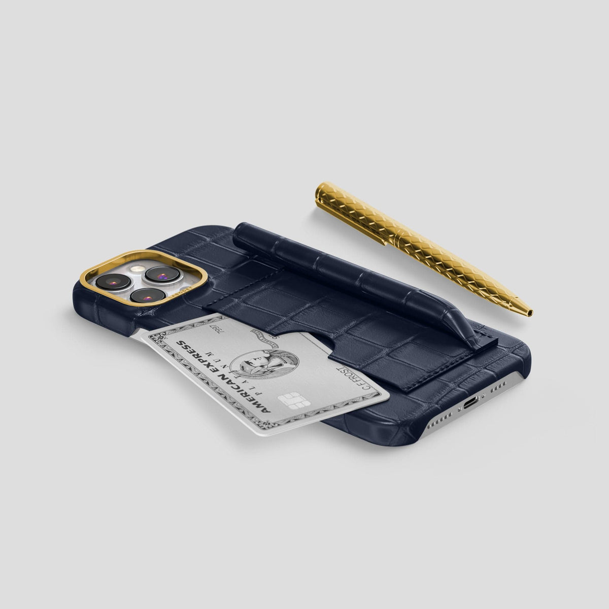 Navy Blue iPhone 14 Pro Max Card and Pen Holder Case Alligator with Gold Metal -5 | Navy-Blue-Gold