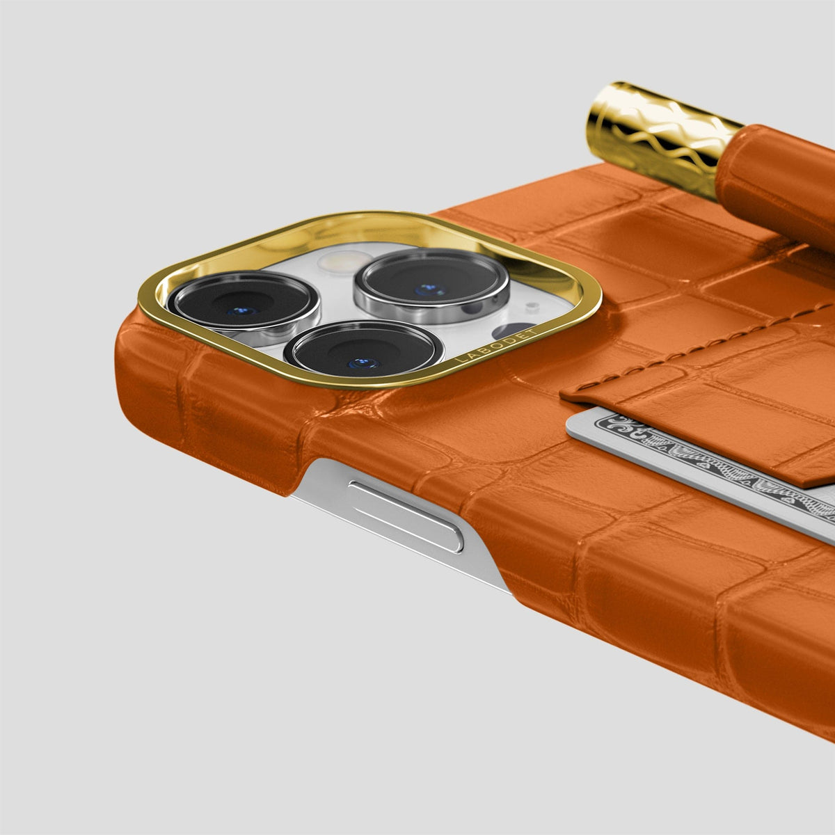 Orange iPhone 14 Pro Max Card and Pen Holder Case Alligator with Gold Metal -4 | Orange-Gold