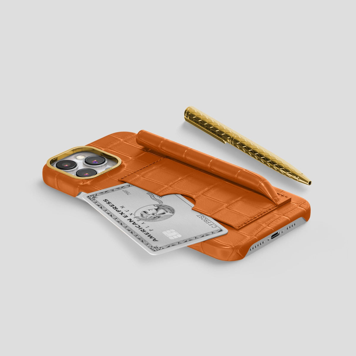Orange iPhone 14 Pro Max Card and Pen Holder Case Alligator with Gold Metal -5 | Orange-Gold