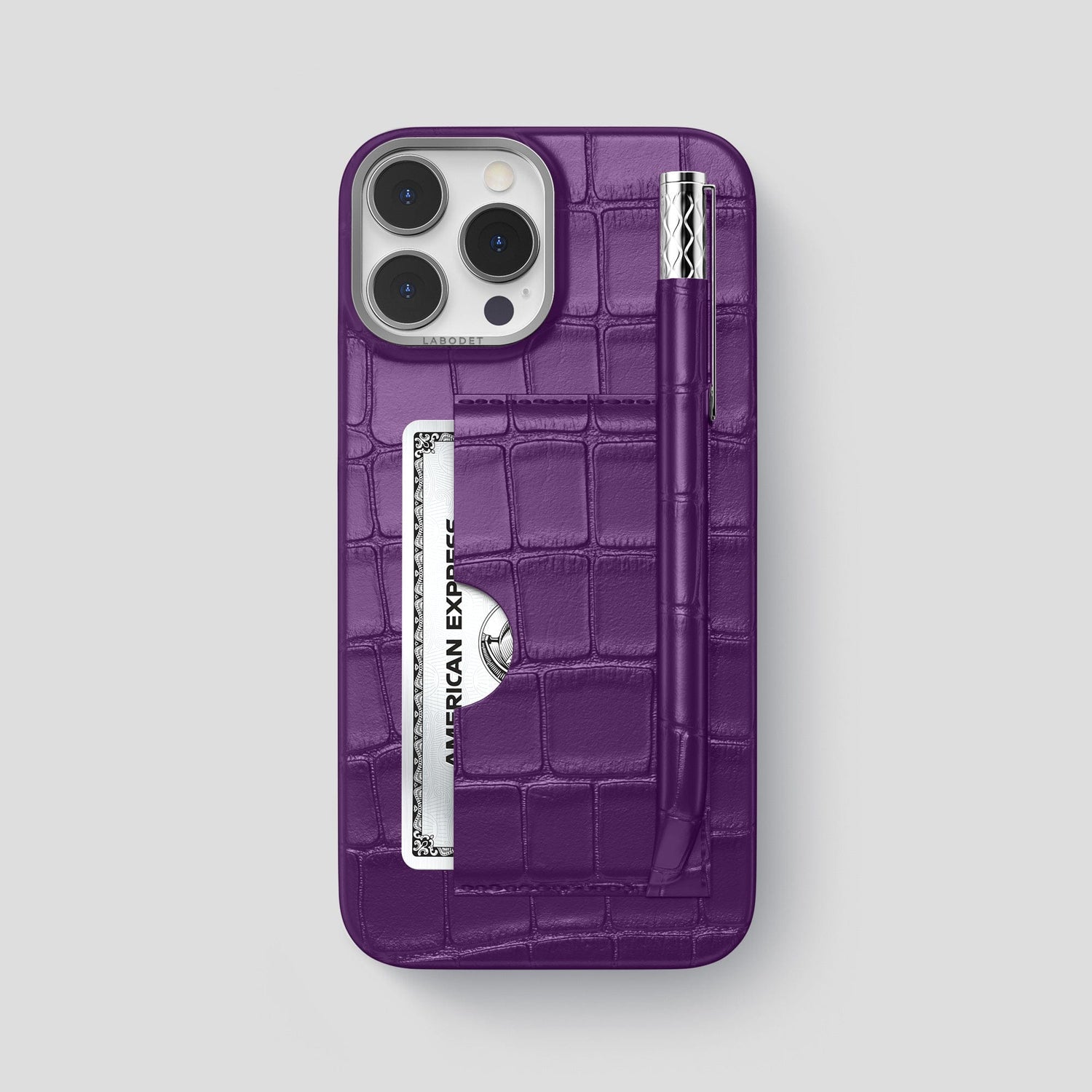 Purple iPhone 14 Pro Max Card and Pen Holder Case Alligator with Steel Metal -1 | Purple-Steel