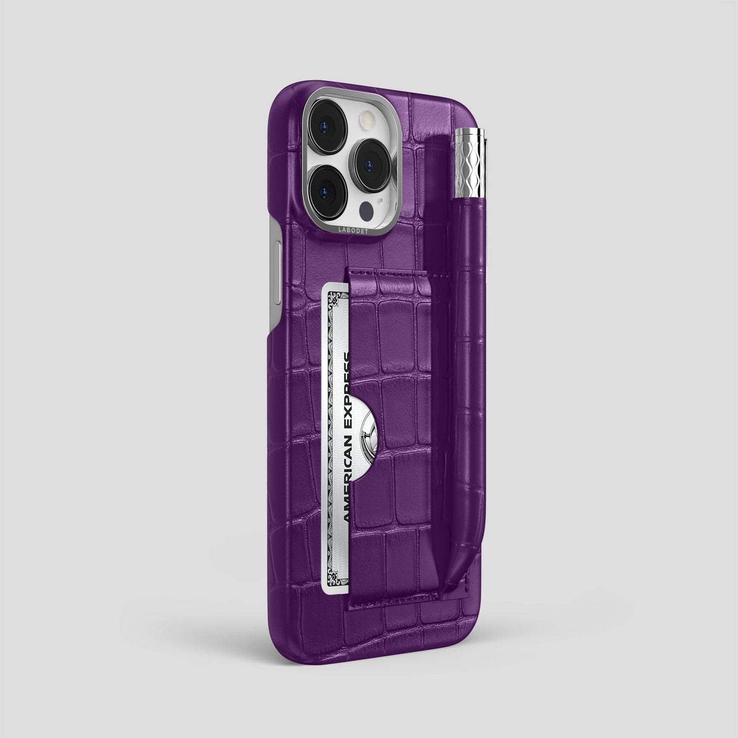 Purple iPhone 14 Pro Max Card and Pen Holder Case Alligator with Steel Metal -2 | Purple-Steel