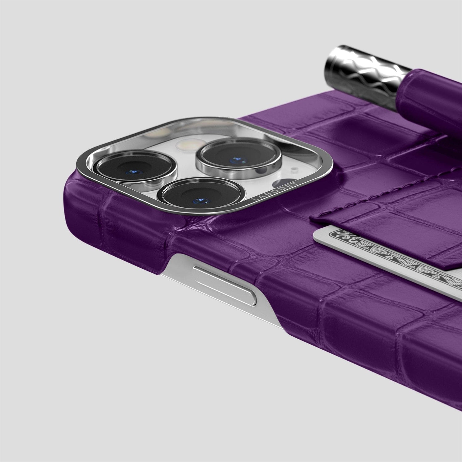Purple iPhone 14 Pro Max Card and Pen Holder Case Alligator with Steel Metal -4 | Purple-Steel