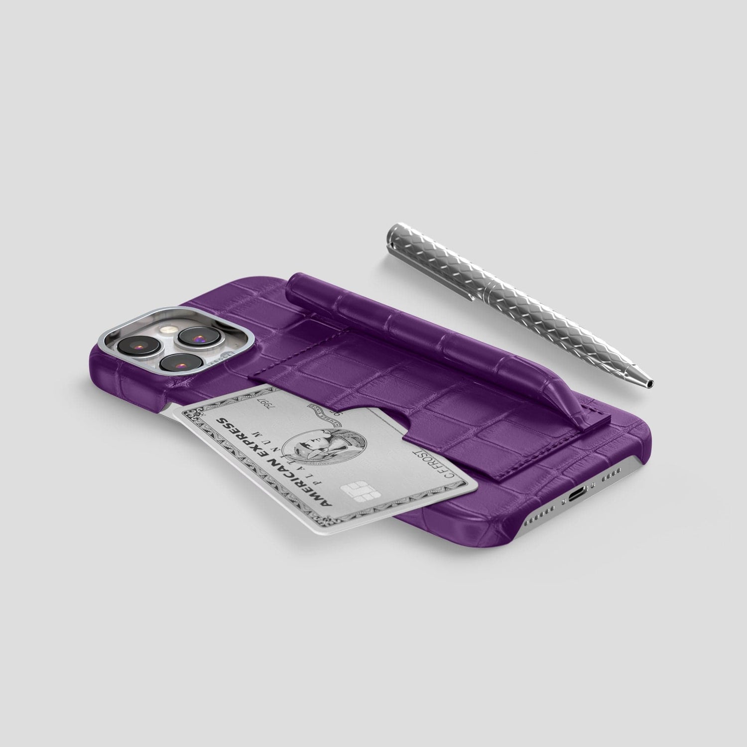 Purple iPhone 14 Pro Max Card and Pen Holder Case Alligator with Steel Metal -5 | Purple-Steel