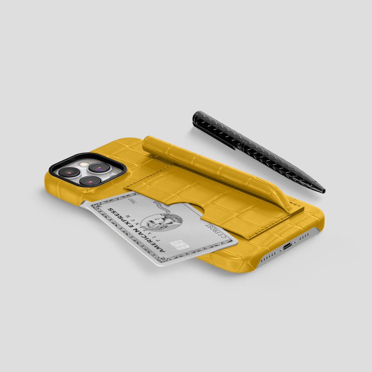 Yellow iPhone 14 Pro Max Card and Pen Holder Case Alligator with Black Metal -5 | Yellow-Black