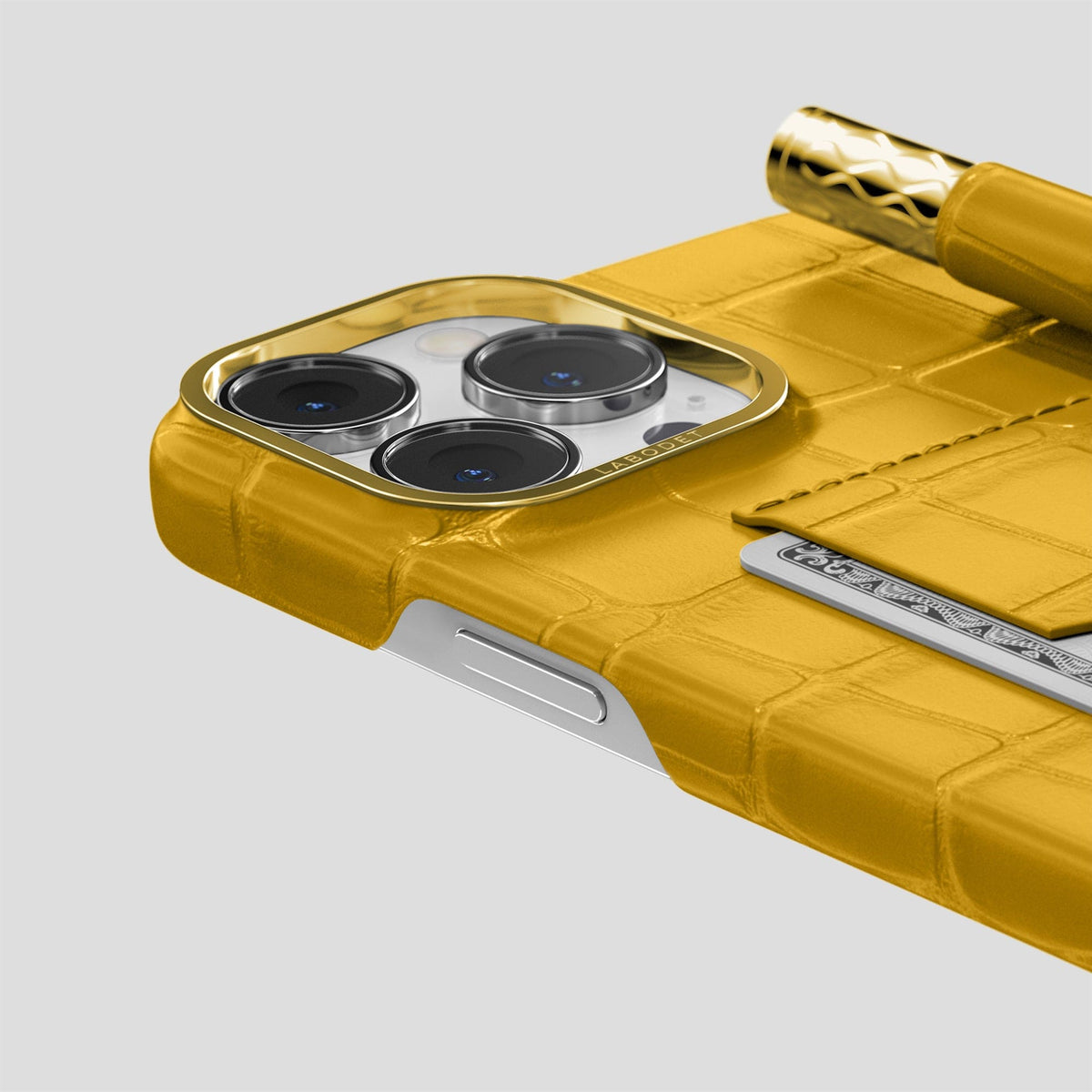 Yellow iPhone 14 Pro Max Card and Pen Holder Case Alligator with Gold Metal -4 | Yellow-Gold
