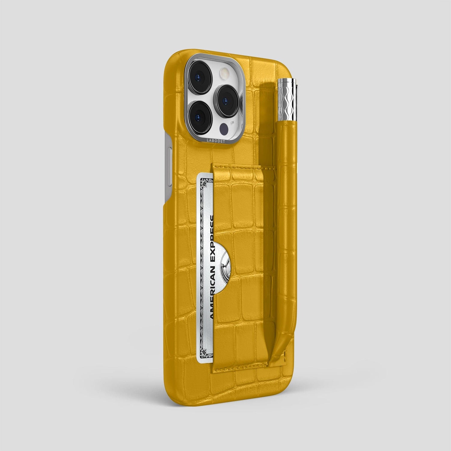Yellow iPhone 14 Pro Max Card and Pen Holder Case Alligator with Steel Metal -2 | Yellow-Steel