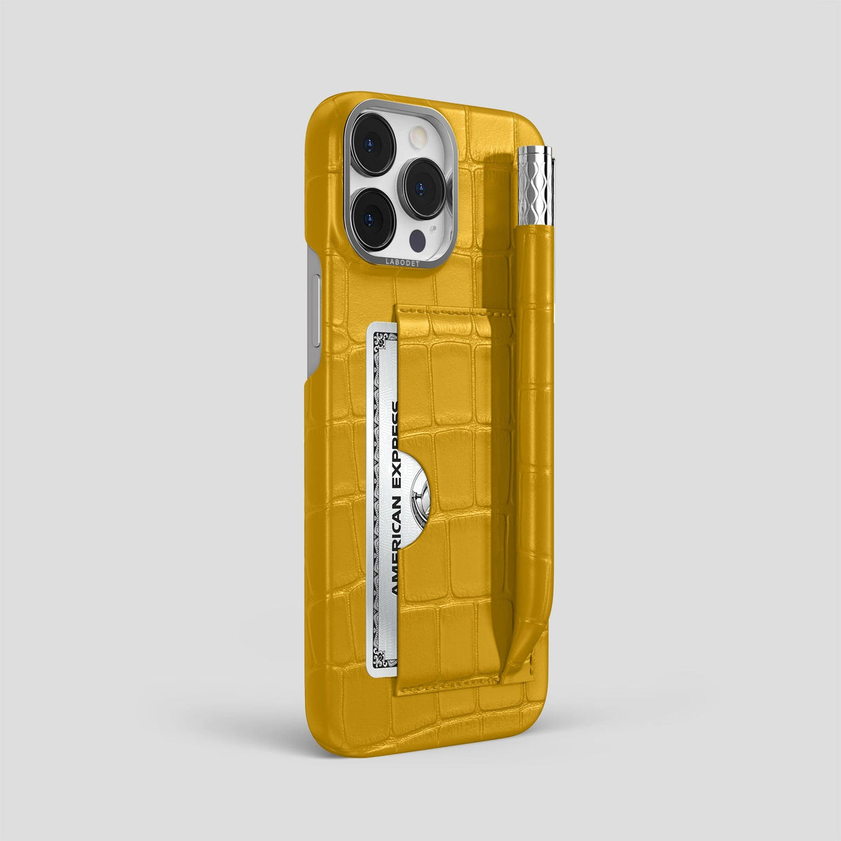 Yellow iPhone 14 Pro Max Card and Pen Holder Case Alligator with Steel Metal -2 | Yellow-Steel