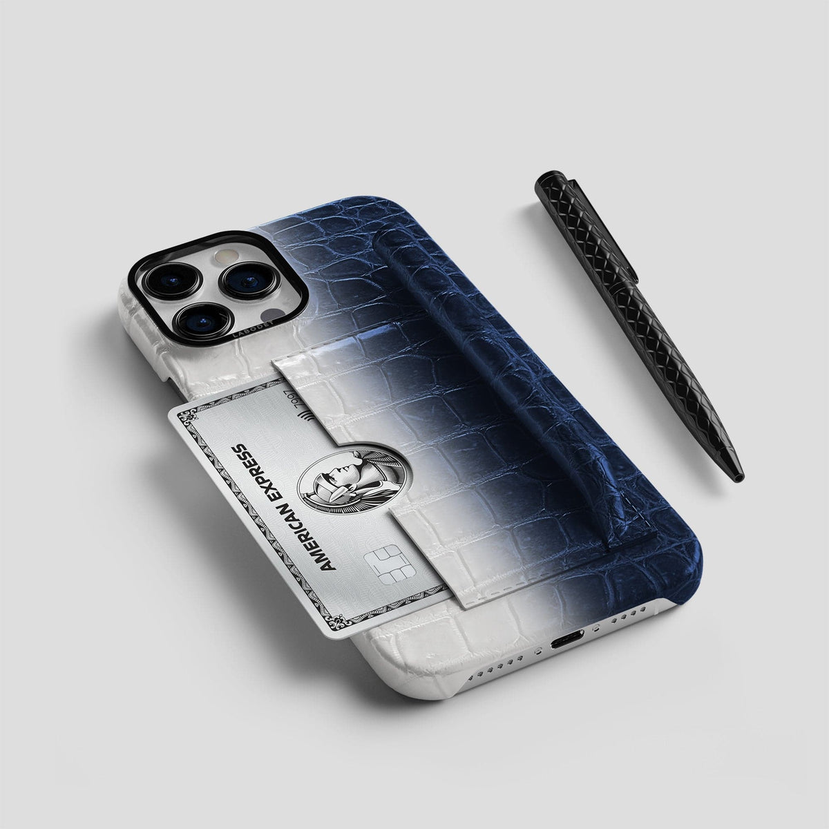 Navy Blue iPhone 14 Pro Max Himalaya Card and Pen Holder Case with Black Metal -5 | Navy-Blue-Black