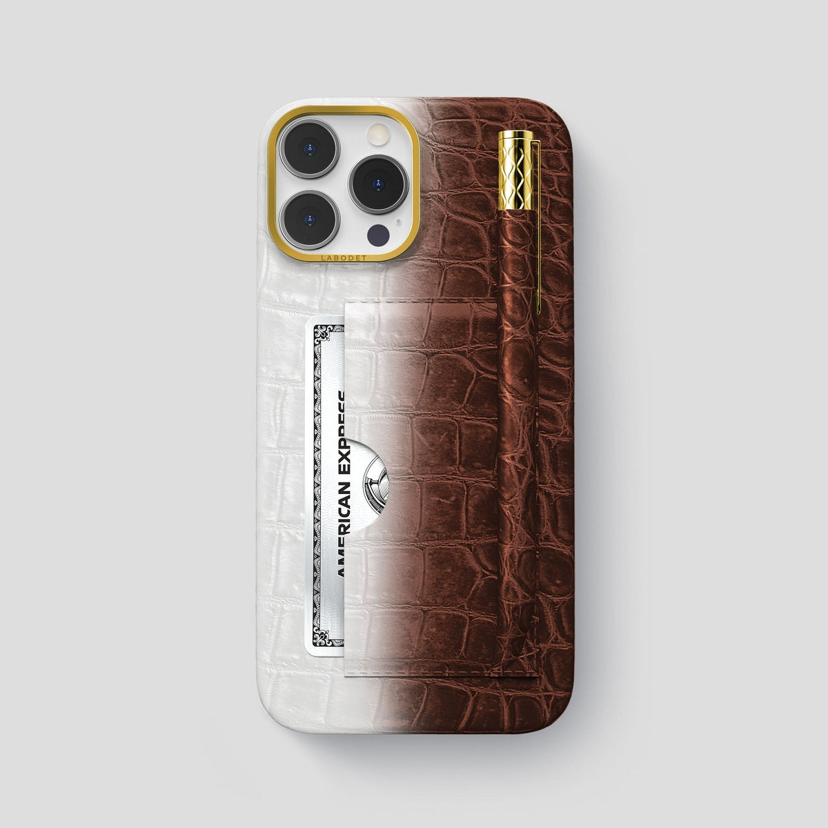 Dark Brown iPhone 14 Pro Max Himalaya Card and Pen Holder Case with Gold Metal -1 | Dark-Brown-Gold