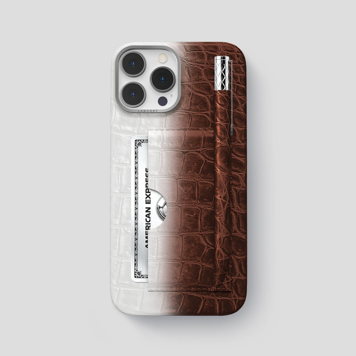 Dark Brown iPhone 14 Pro Max Himalaya Card and Pen Holder Case with Steel Metal -1 | Dark-Brown-Steel