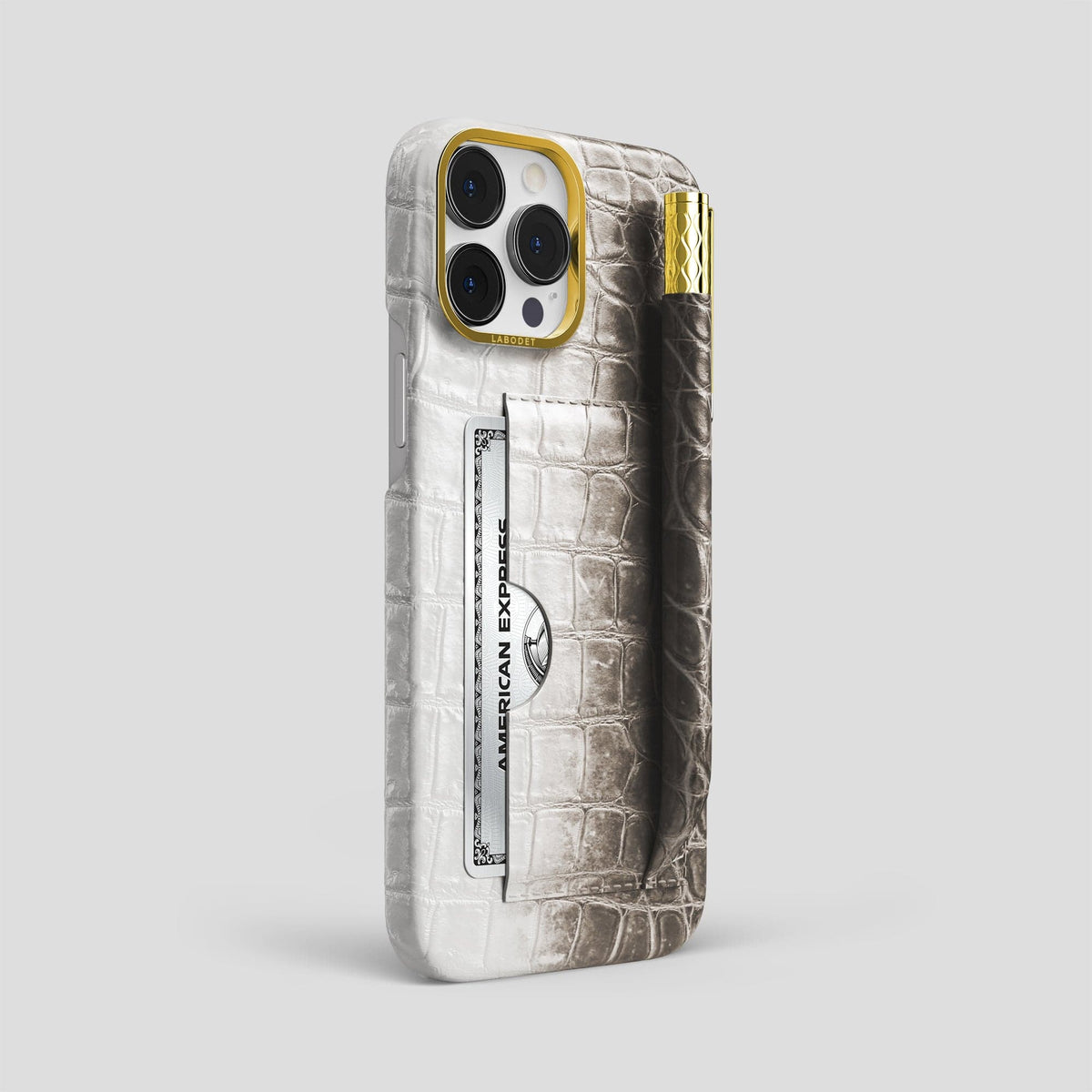 Dark iPhone 14 Pro Max Himalaya Card and Pen Holder Case with Gold Metal -2 | Dark-Gold