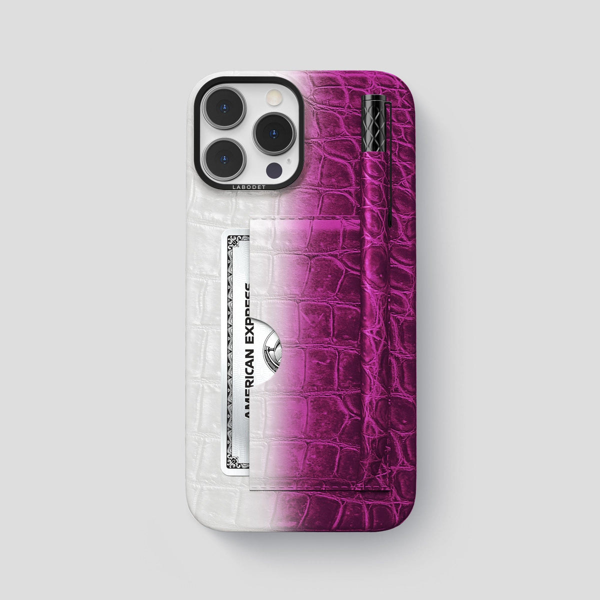 Fuchsia iPhone 14 Pro Max Himalaya Card and Pen Holder Case with Black Metal -1 | Fuchsia-Black