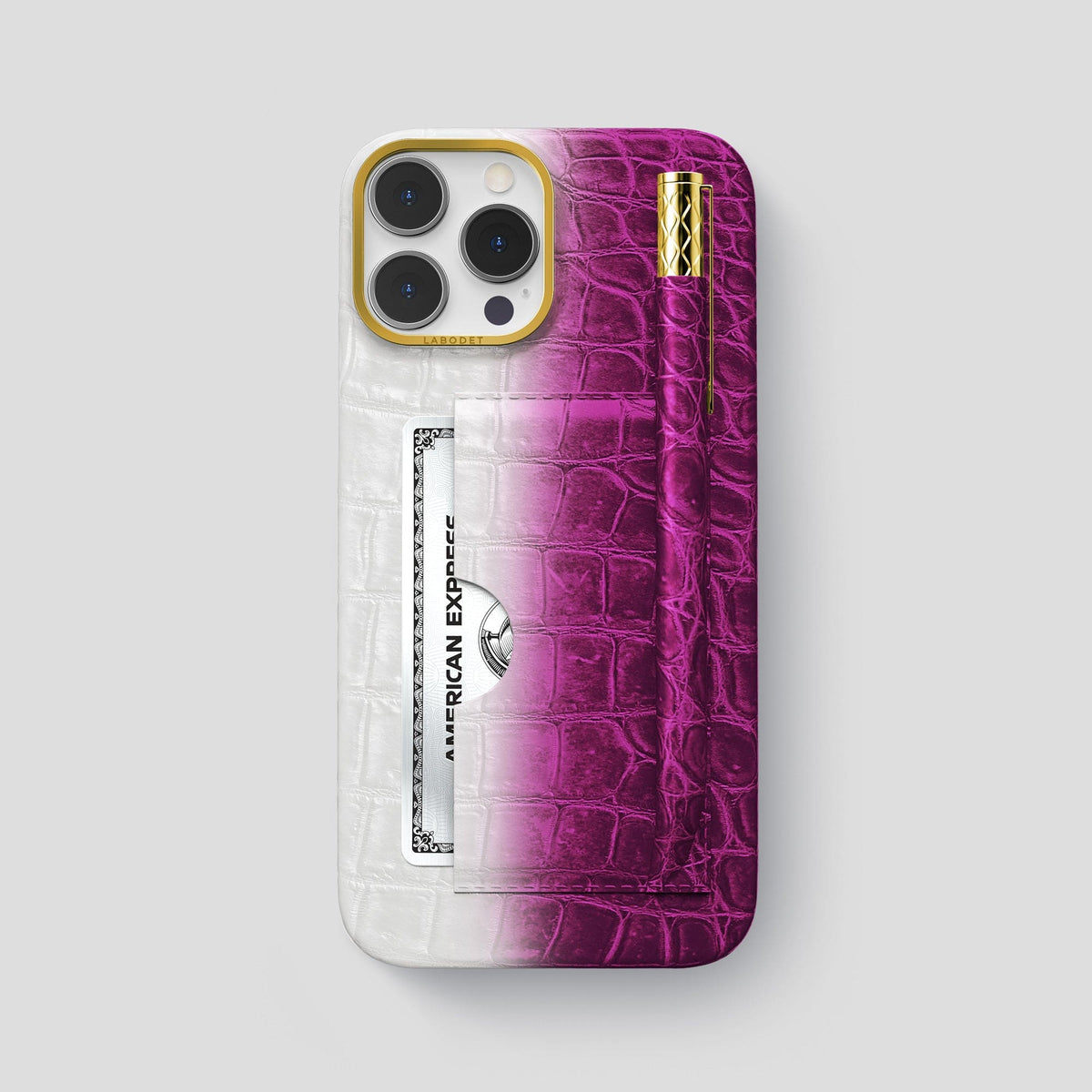 Fuchsia iPhone 14 Pro Max Himalaya Card and Pen Holder Case with Gold Metal -1 | Fuchsia-Gold