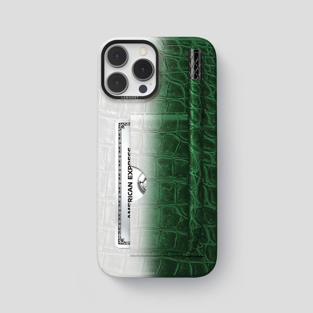 Green iPhone 14 Pro Max Himalaya Card and Pen Holder Case with Black Metal -1 | Green-Black