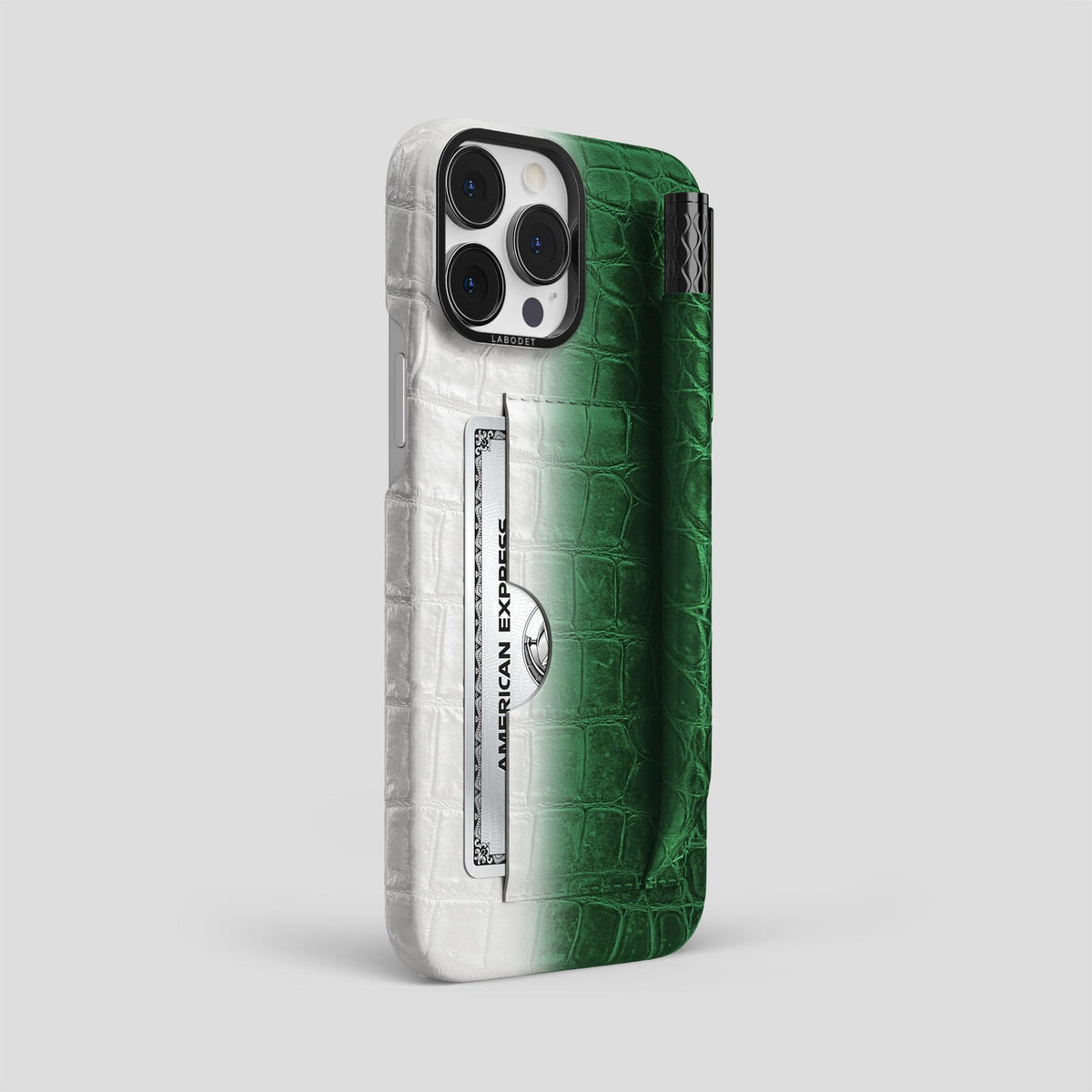 Green iPhone 14 Pro Max Himalaya Card and Pen Holder Case with Black Metal -2 | Green-Black