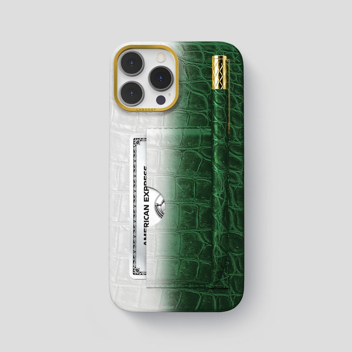 Green iPhone 14 Pro Max Himalaya Card and Pen Holder Case with Gold Metal -1 | Green-Gold