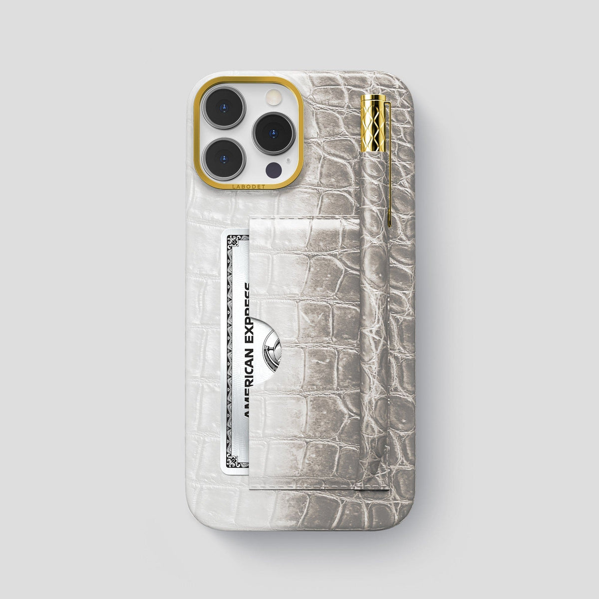 Light iPhone 14 Pro Max Himalaya Card and Pen Holder Case with Gold Metal -1 | Light-Gold