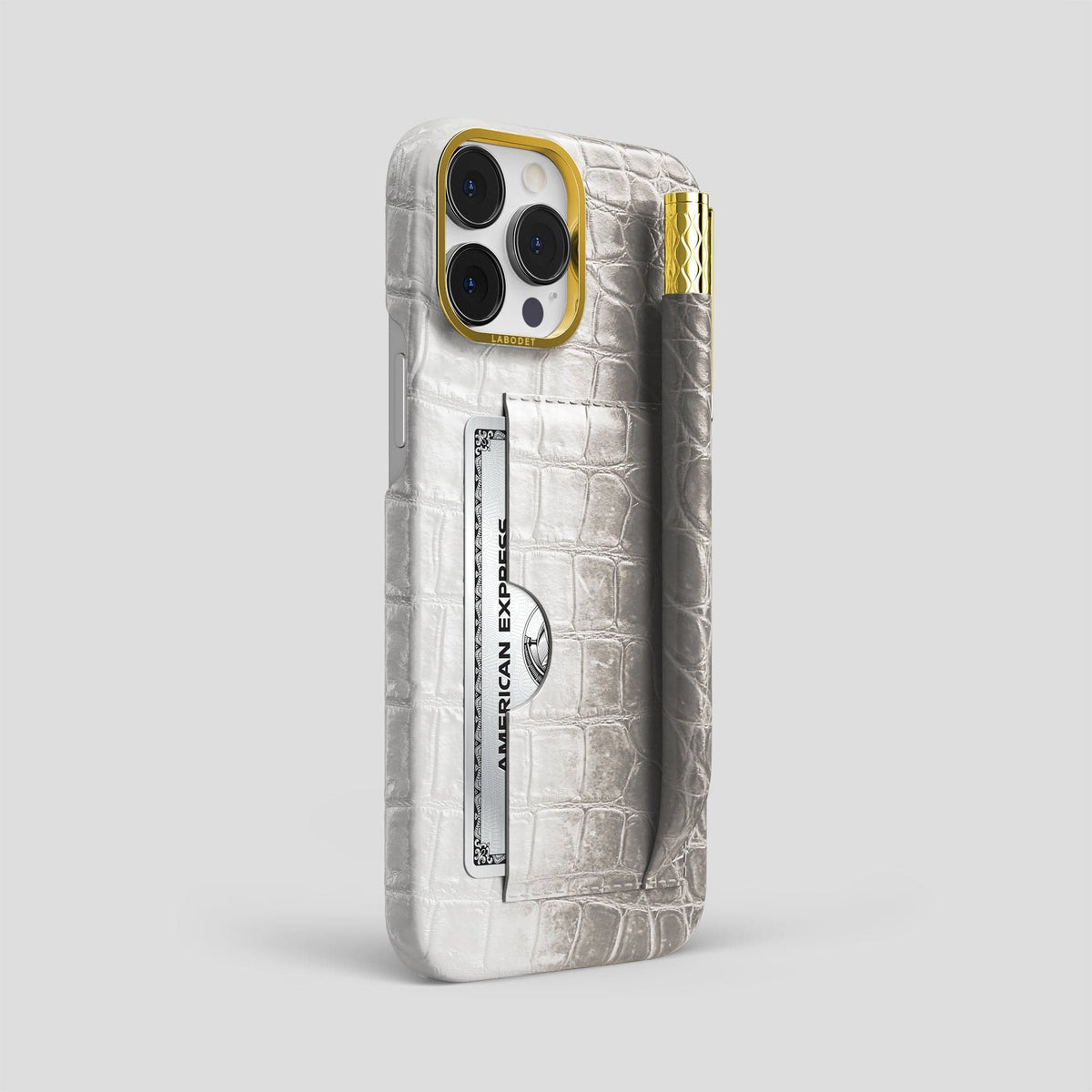 Light iPhone 14 Pro Max Himalaya Card and Pen Holder Case with Gold Metal -2 | Light-Gold