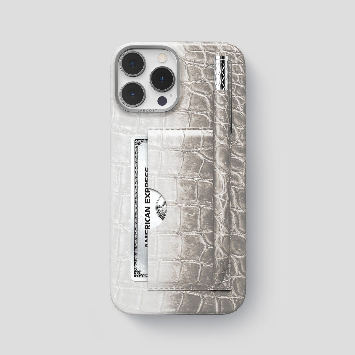 Light iPhone 14 Pro Max Himalaya Card and Pen Holder Case with Steel Metal -1 | Light-Steel