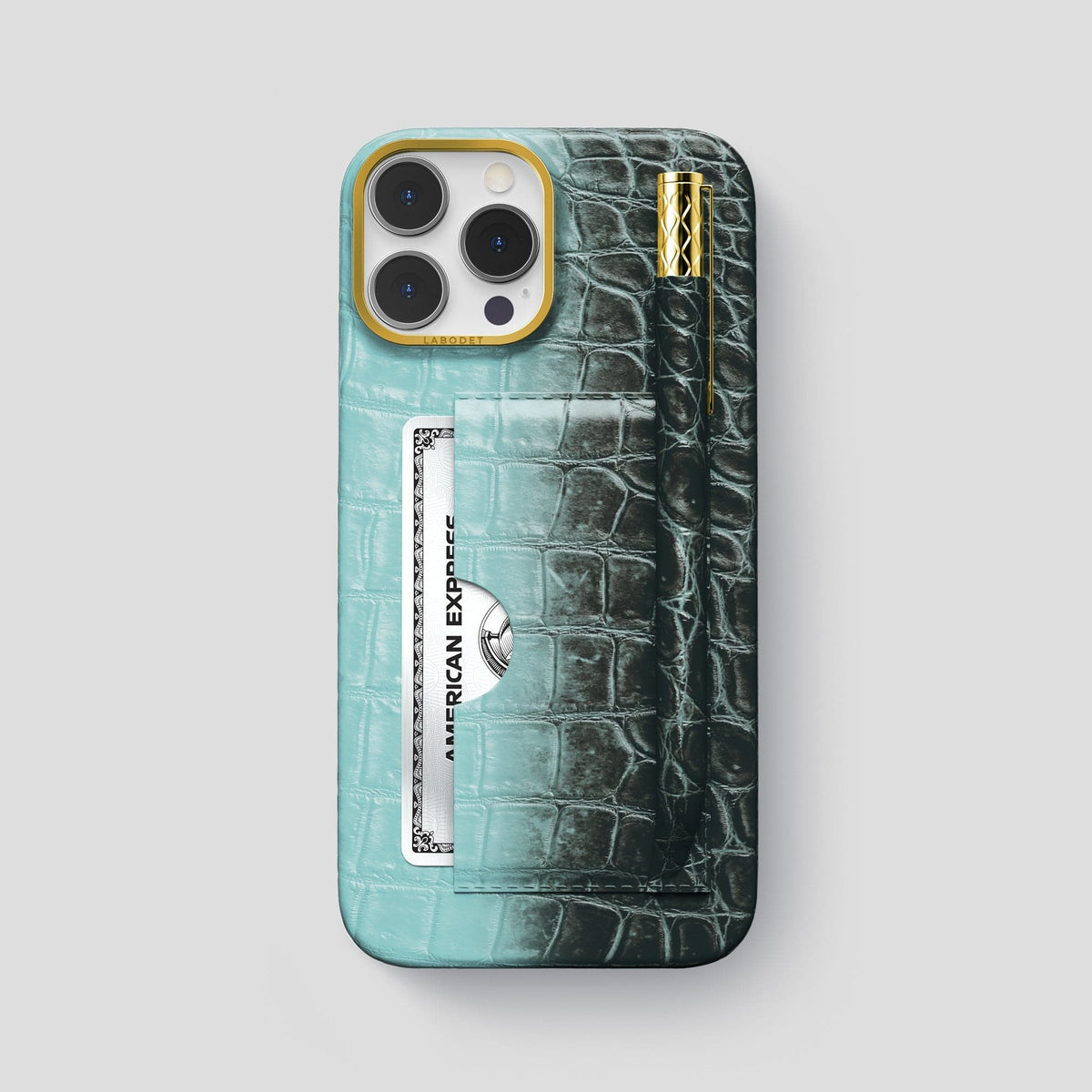 Light-Mint iPhone 14 Pro Max Himalaya Card and Pen Holder Case with Gold Metal -1 | Light-Mint-Gold