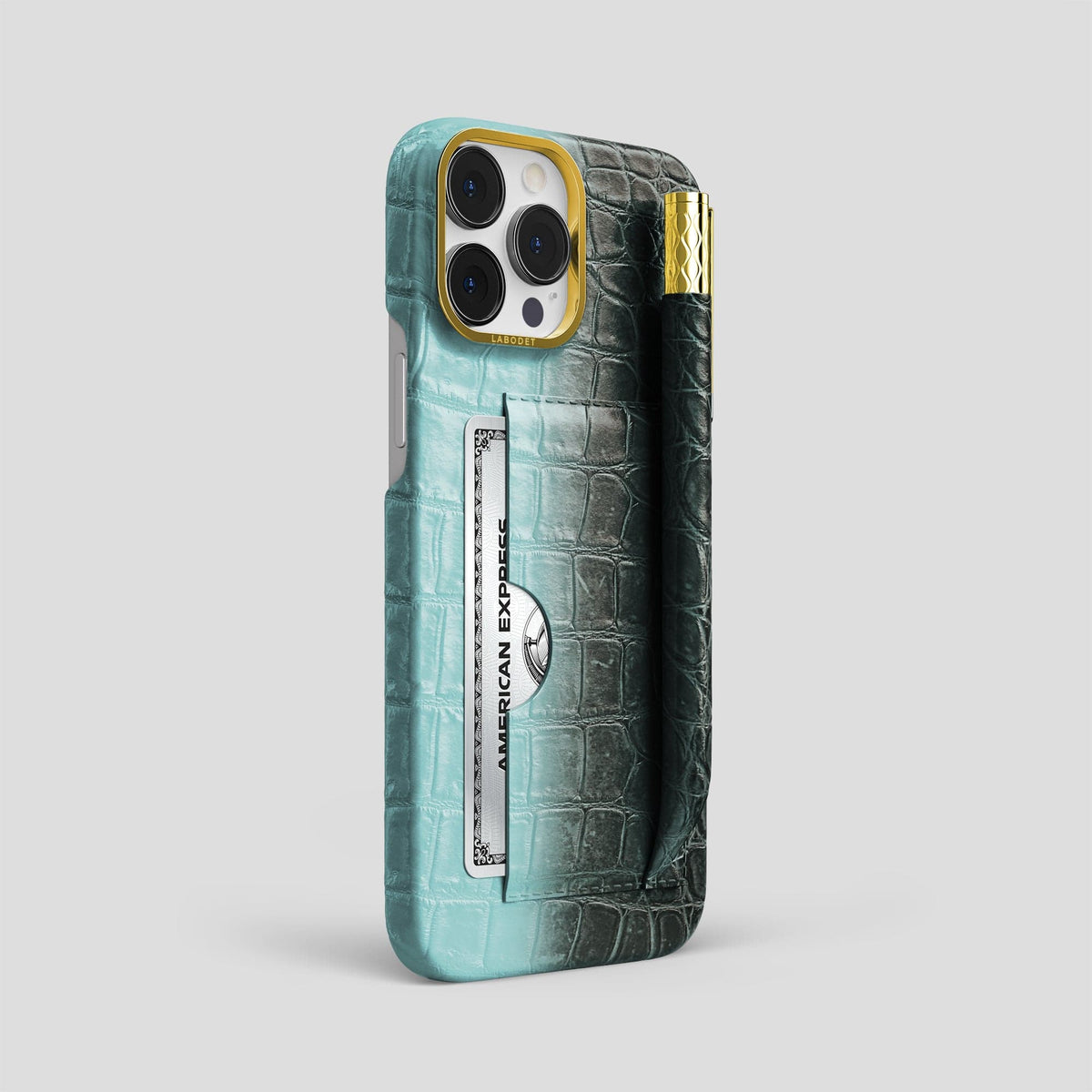Light-Mint iPhone 14 Pro Max Himalaya Card and Pen Holder Case with Gold Metal -2 | Light-Mint-Gold