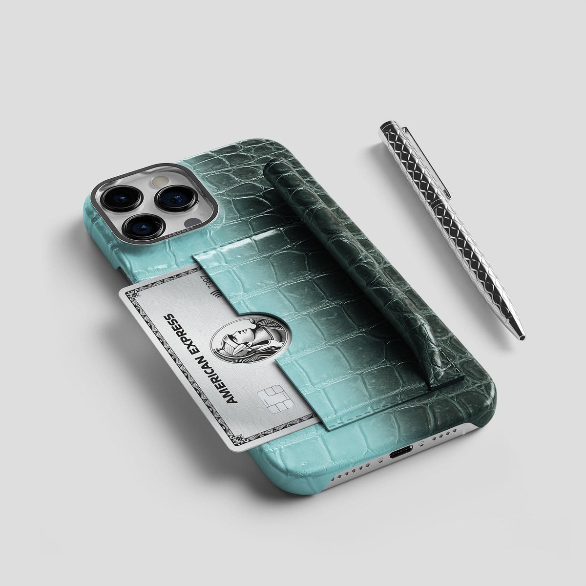 Light-Mint iPhone 14 Pro Max Himalaya Card and Pen Holder Case with Steel Metal -5 | Light-Mint-Steel