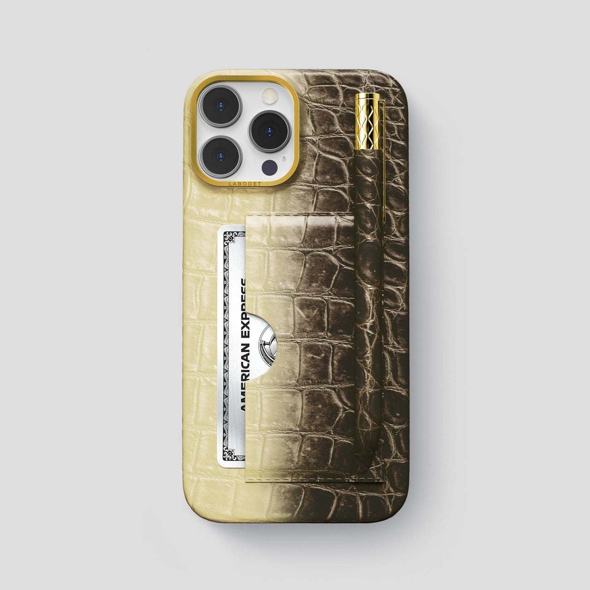 Natural iPhone 14 Pro Max Himalaya Card and Pen Holder Case with Gold Metal -1 | Natural-Gold