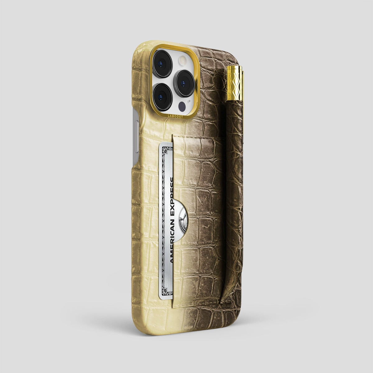 Natural iPhone 14 Pro Max Himalaya Card and Pen Holder Case with Gold Metal -2 | Natural-Gold