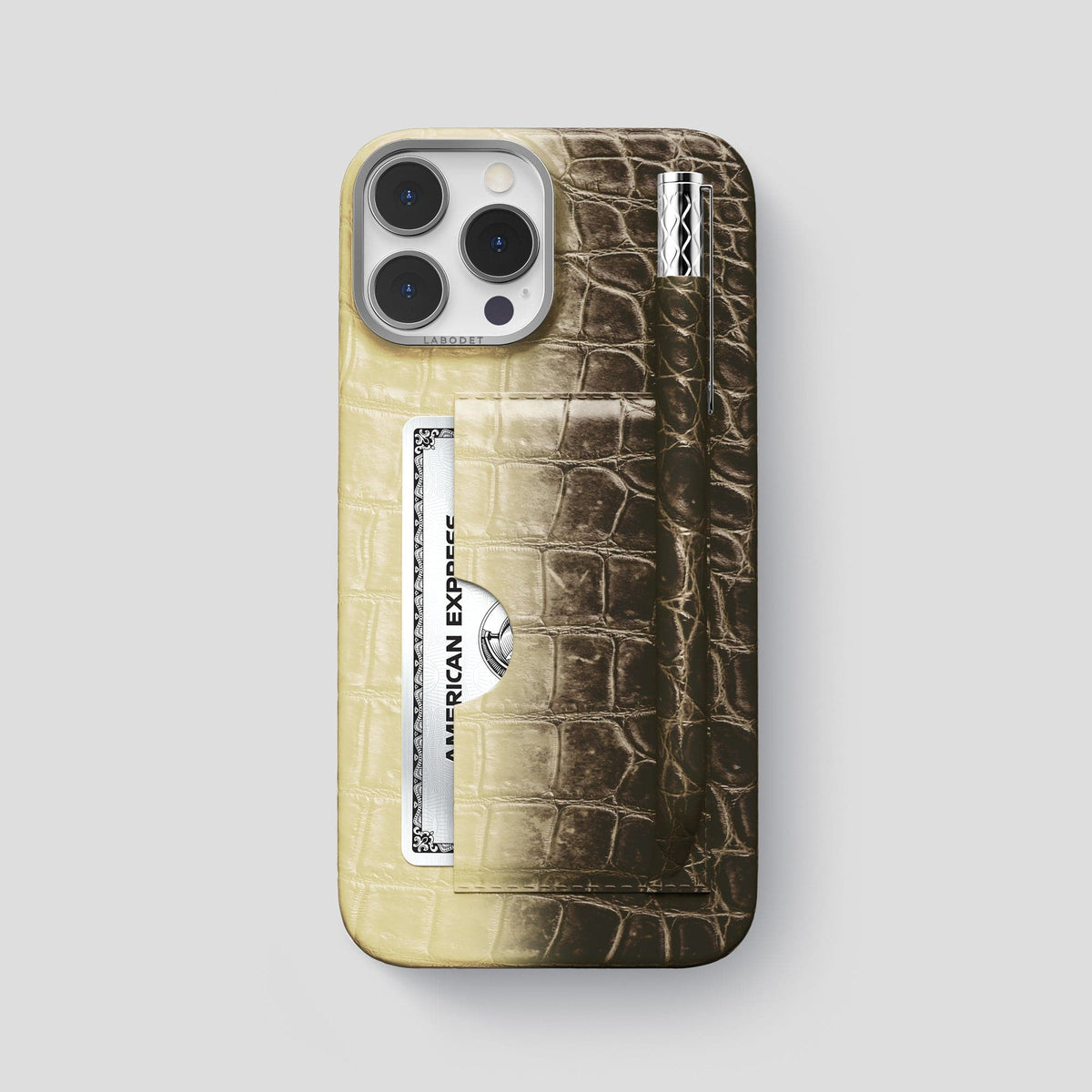 Natural iPhone 14 Pro Max Himalaya Card and Pen Holder Case with Steel Metal -1 | Natural-Steel