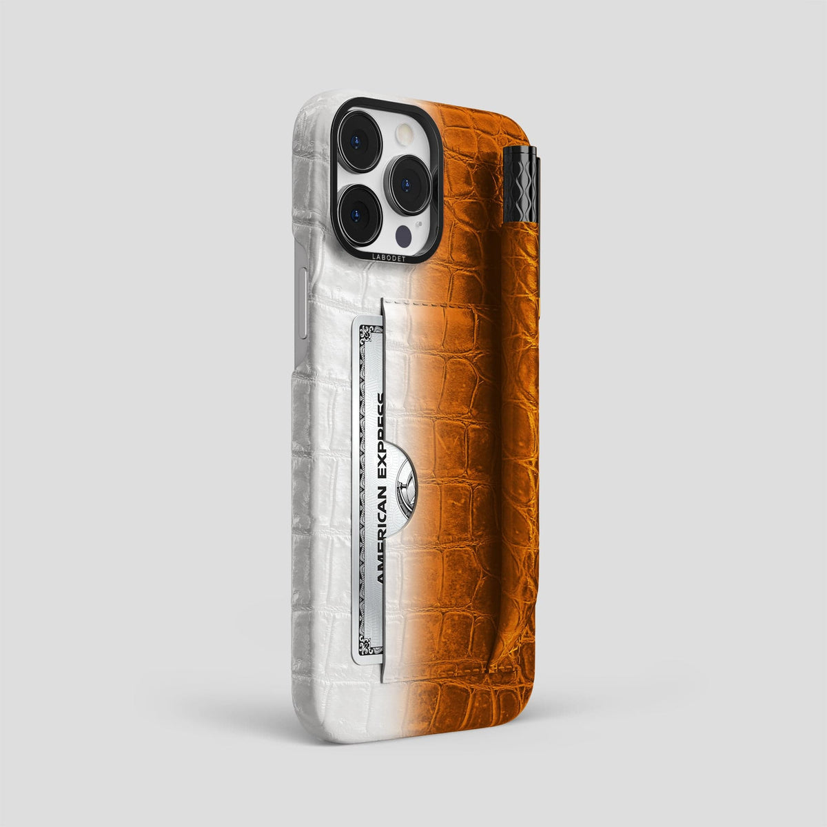 Orange iPhone 14 Pro Max Himalaya Card and Pen Holder Case with Black Metal -2 | Orange-Black