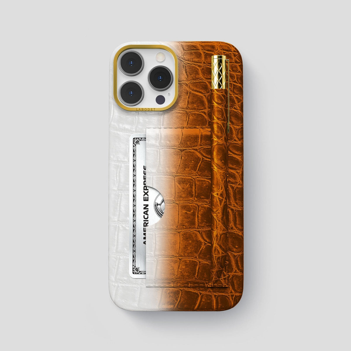 Orange iPhone 14 Pro Max Himalaya Card and Pen Holder Case with Gold Metal -1 | Orange-Gold