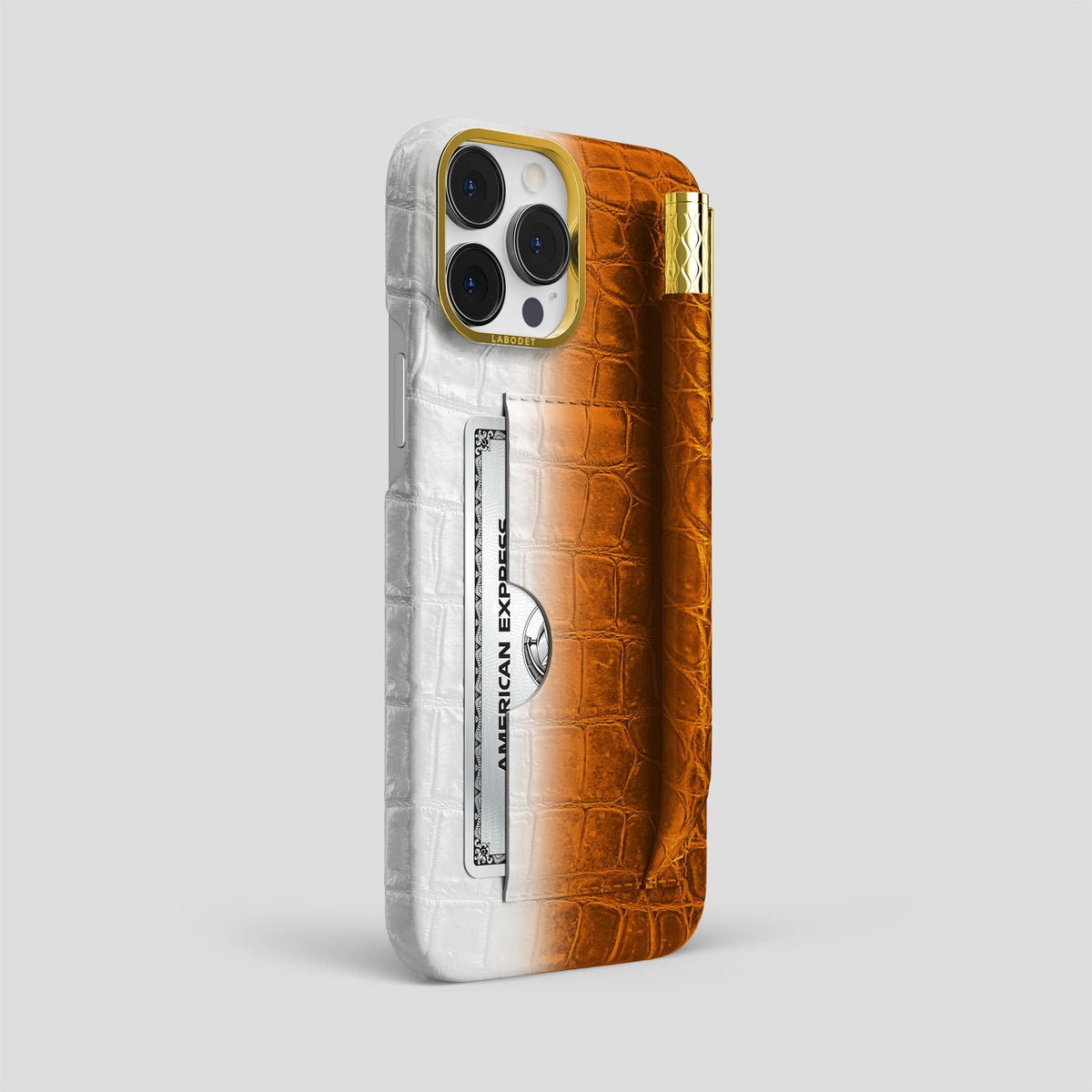 Orange iPhone 14 Pro Max Himalaya Card and Pen Holder Case with Gold Metal -2 | Orange-Gold