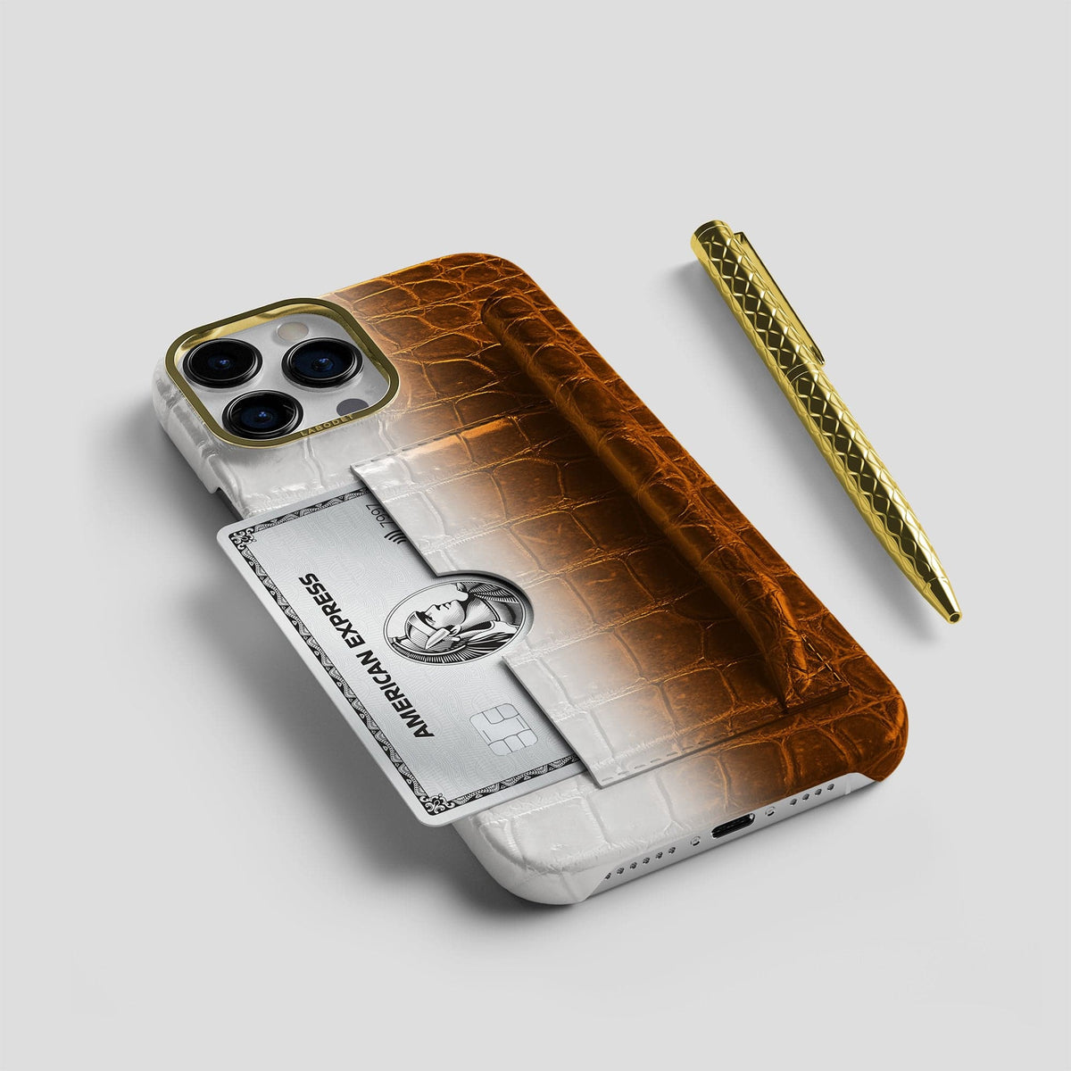 Orange iPhone 14 Pro Max Himalaya Card and Pen Holder Case with Gold Metal -5 | Orange-Gold