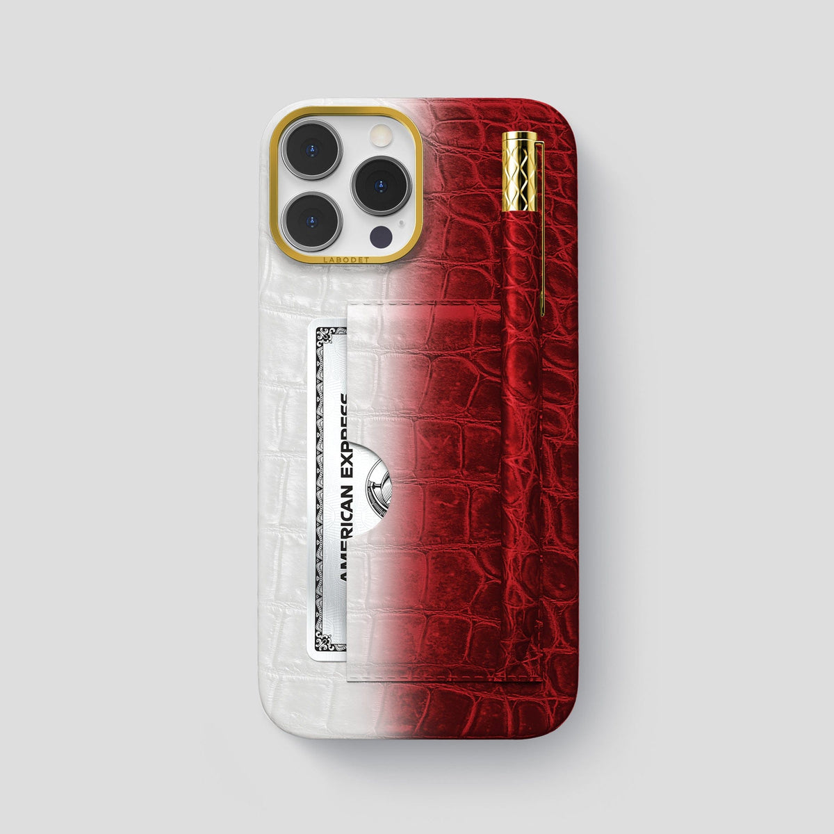 Red iPhone 14 Pro Max Himalaya Card and Pen Holder Case with Gold Metal -1 | Red-Gold