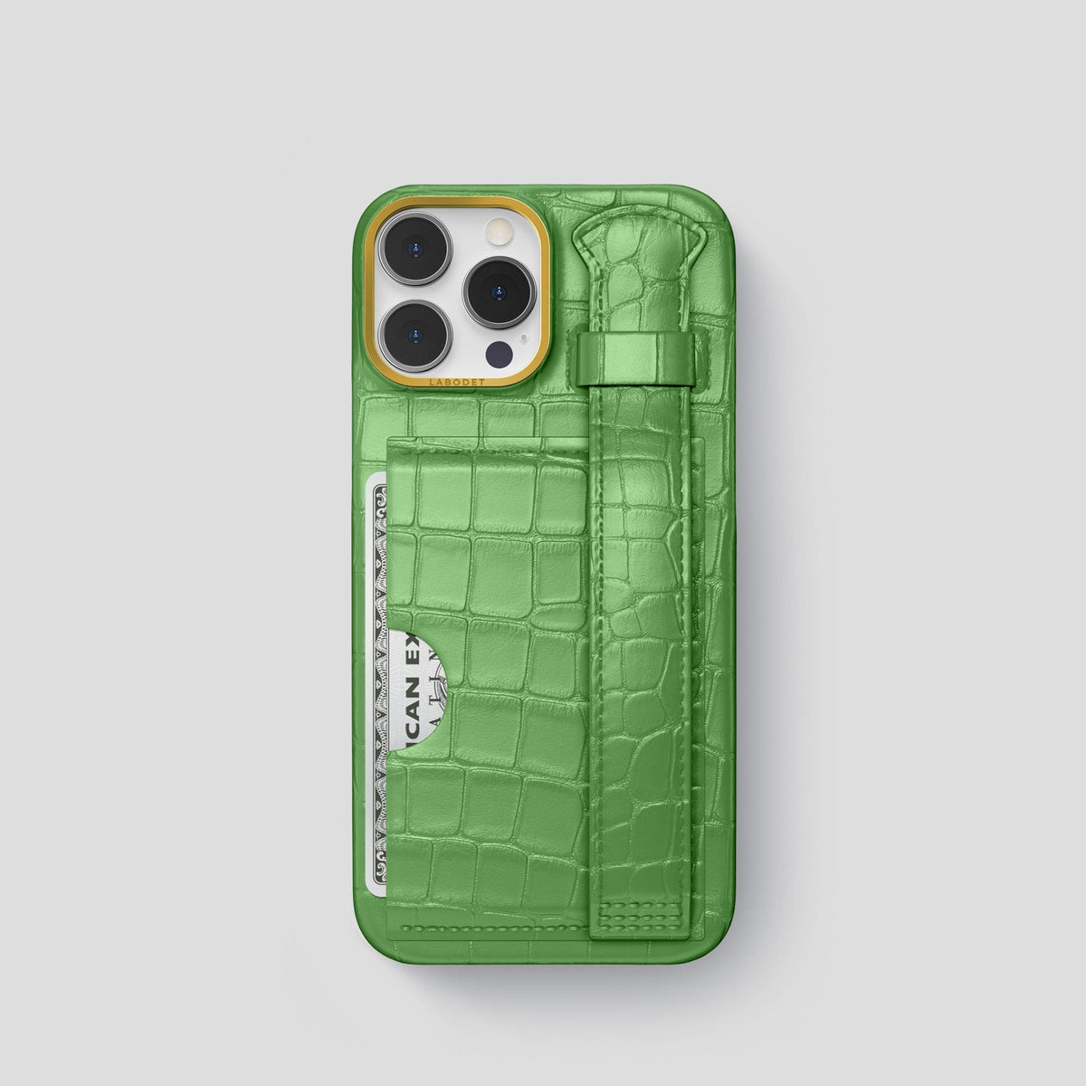 Apple-Green iPhone 14 Pro Cardholder Strap Case Alligator with Gold Metal -1 | Apple-Green-Gold