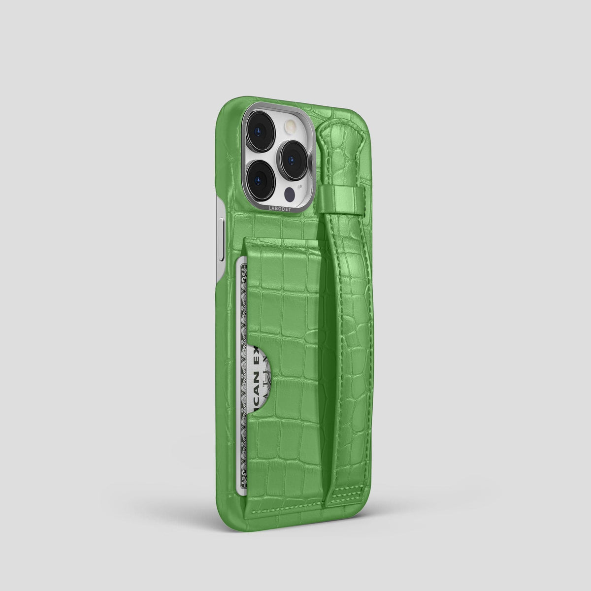 Apple-Green iPhone 14 Pro Cardholder Strap Case Alligator with Steel Metal -2 | Apple-Green-Steel
