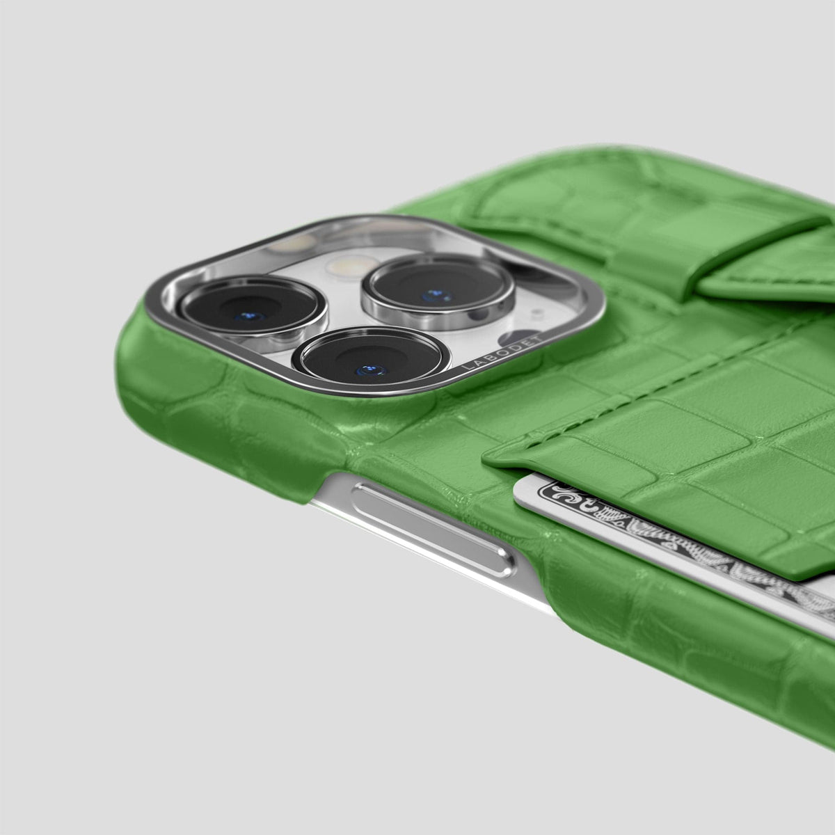 Apple-Green iPhone 14 Pro Cardholder Strap Case Alligator with Steel Metal -5 | Apple-Green-Steel