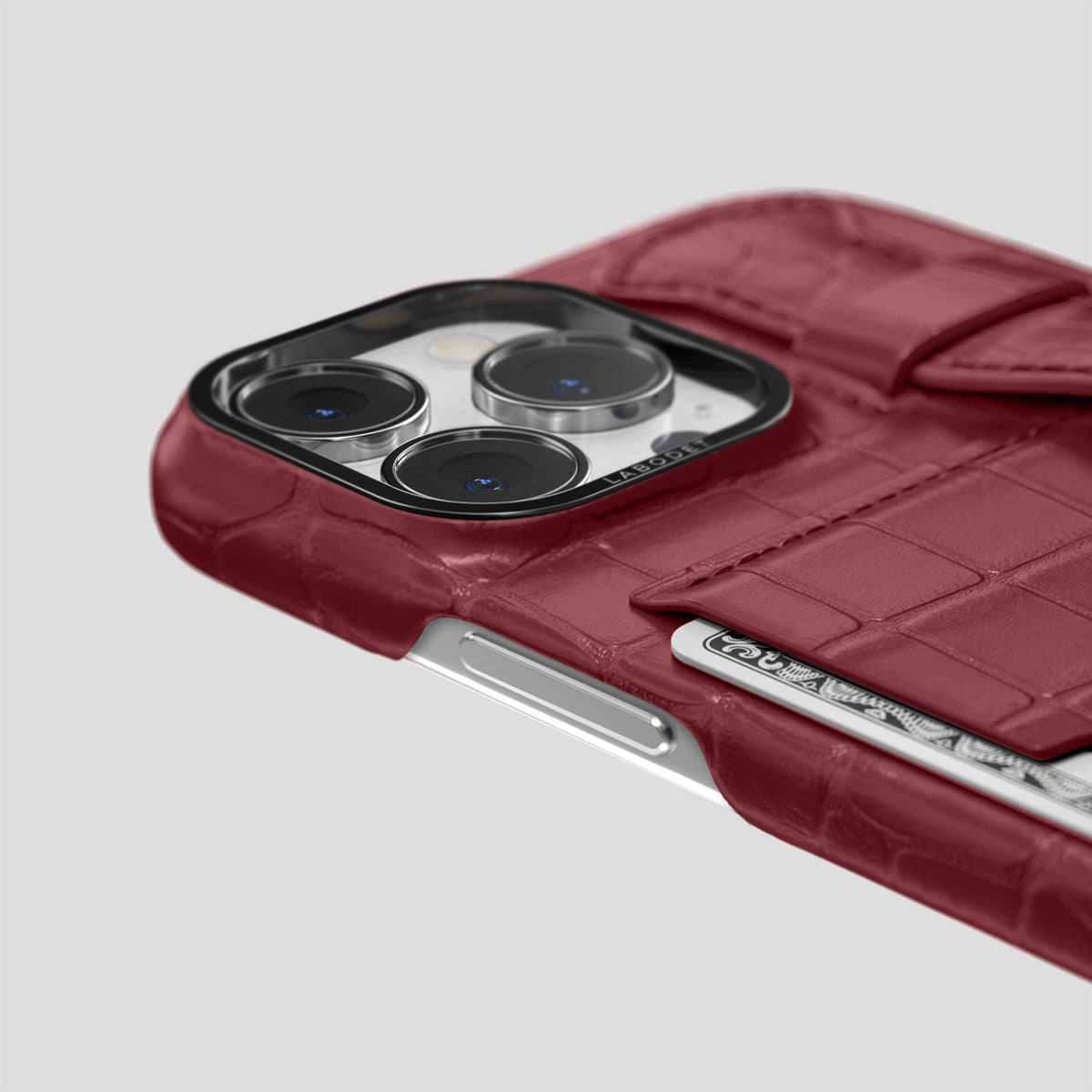 Burgundy iPhone 14 Pro Cardholder Strap Case Alligator with Black Metal -5 | Burgundy-Black