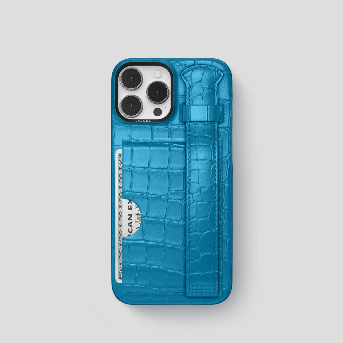 Curaçao-Blue iPhone 14 Pro Cardholder Strap Case Alligator with Black Metal -1 | Curaçao-Blue-Black