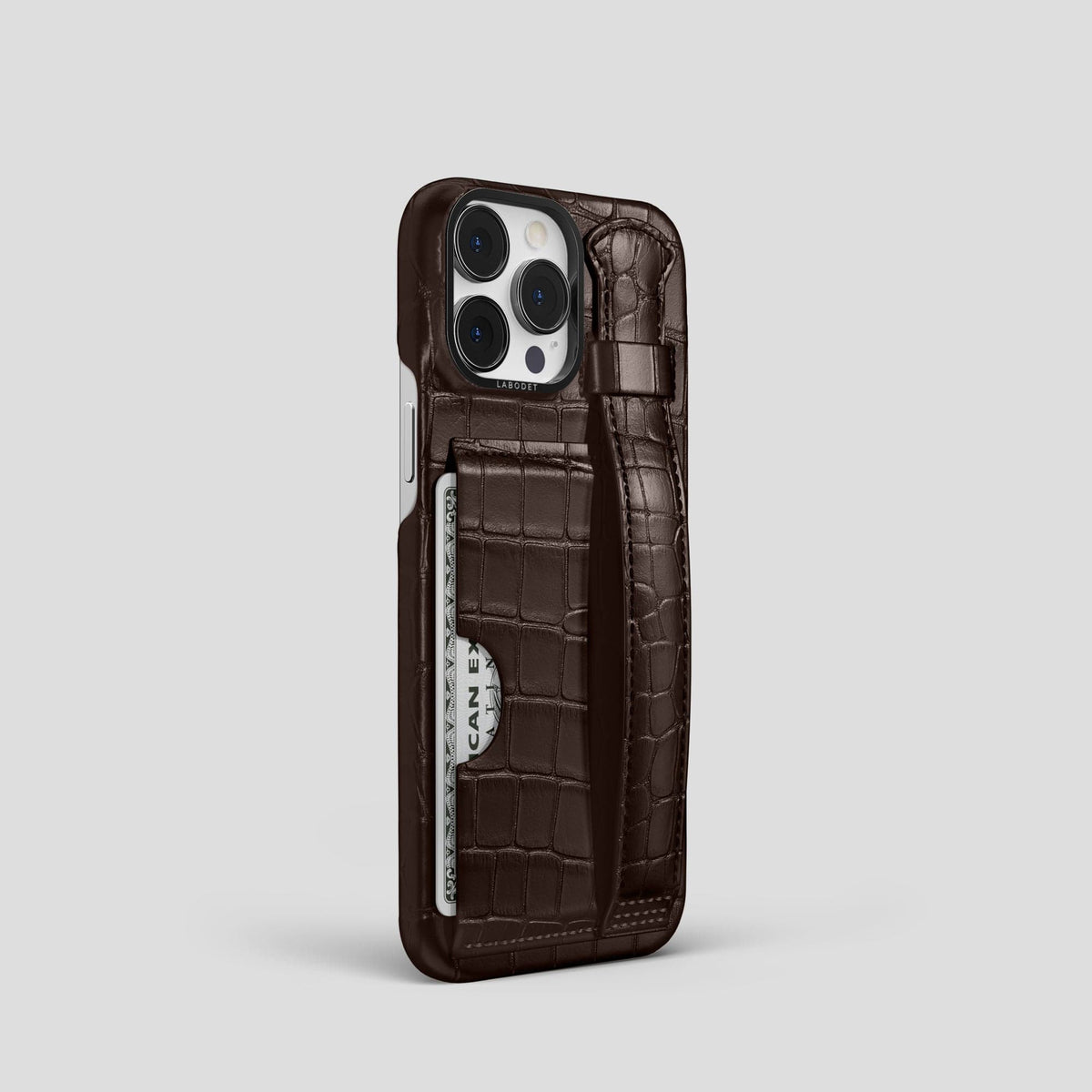 Dark Brown iPhone 14 Pro Cardholder Strap Case Alligator with Black Metal -2 | Dark-Brown-Black
