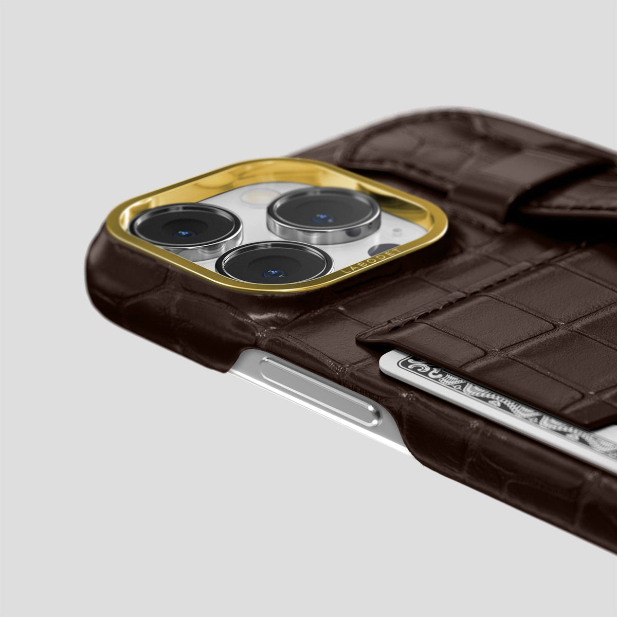 Dark Brown iPhone 14 Pro Cardholder Strap Case Alligator with Gold Metal -5 | Dark-Brown-Gold
