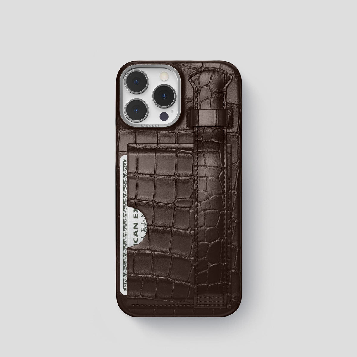 Dark Brown iPhone 14 Pro Cardholder Strap Case Alligator with Steel Metal -1 | Dark-Brown-Steel