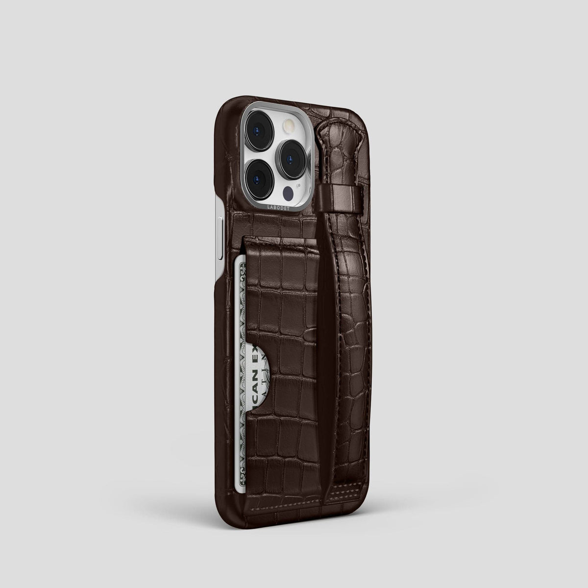 Dark Brown iPhone 14 Pro Cardholder Strap Case Alligator with Steel Metal -2 | Dark-Brown-Steel