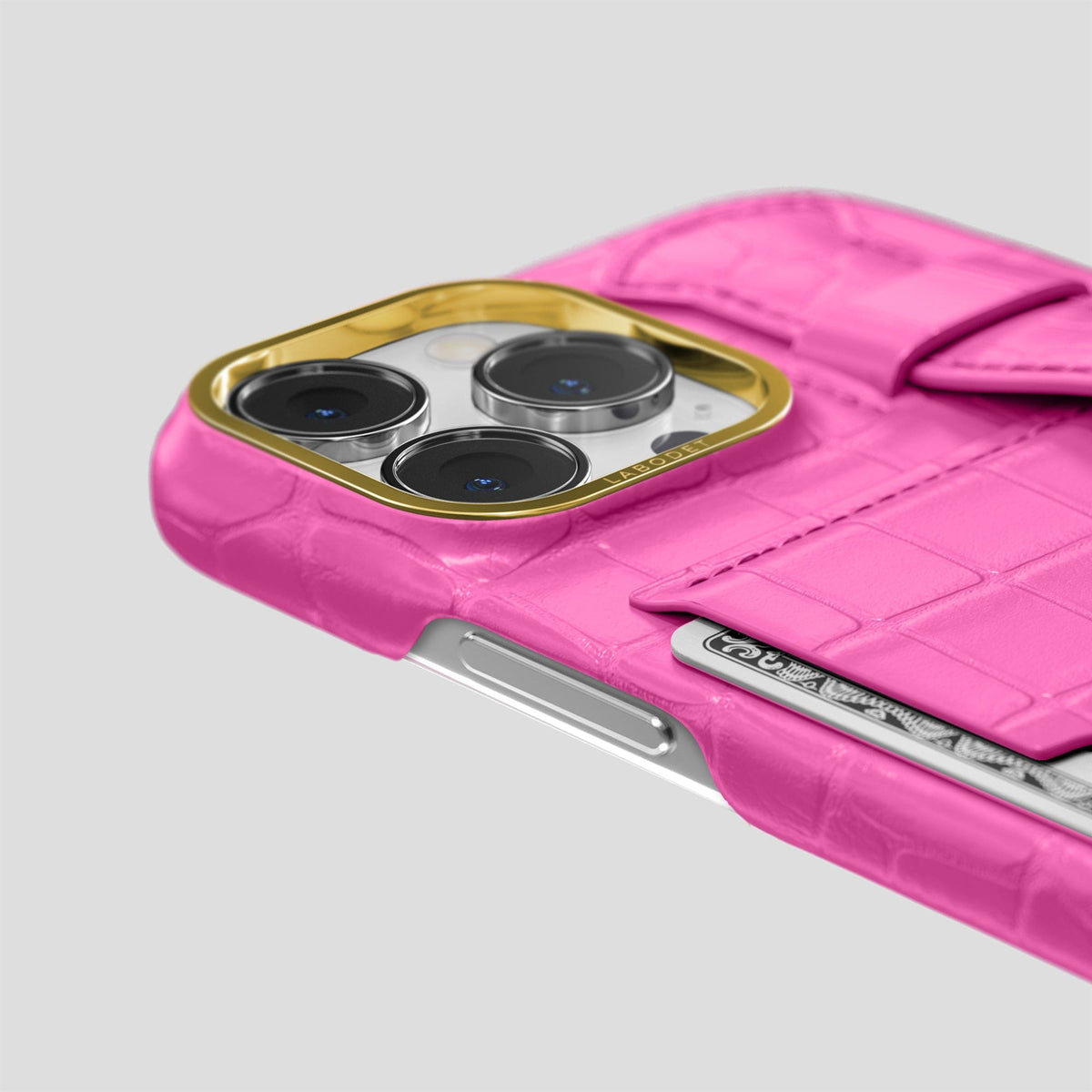 Fuchsia iPhone 14 Pro Cardholder Strap Case Alligator with Gold Metal -5 | Fuchsia-Gold