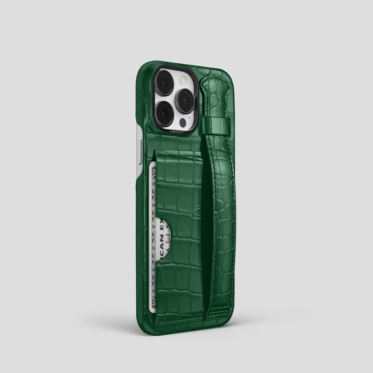Forest-Green iPhone 14 Pro Cardholder Strap Case Alligator with Black Metal -2 | Forest-Green-Black