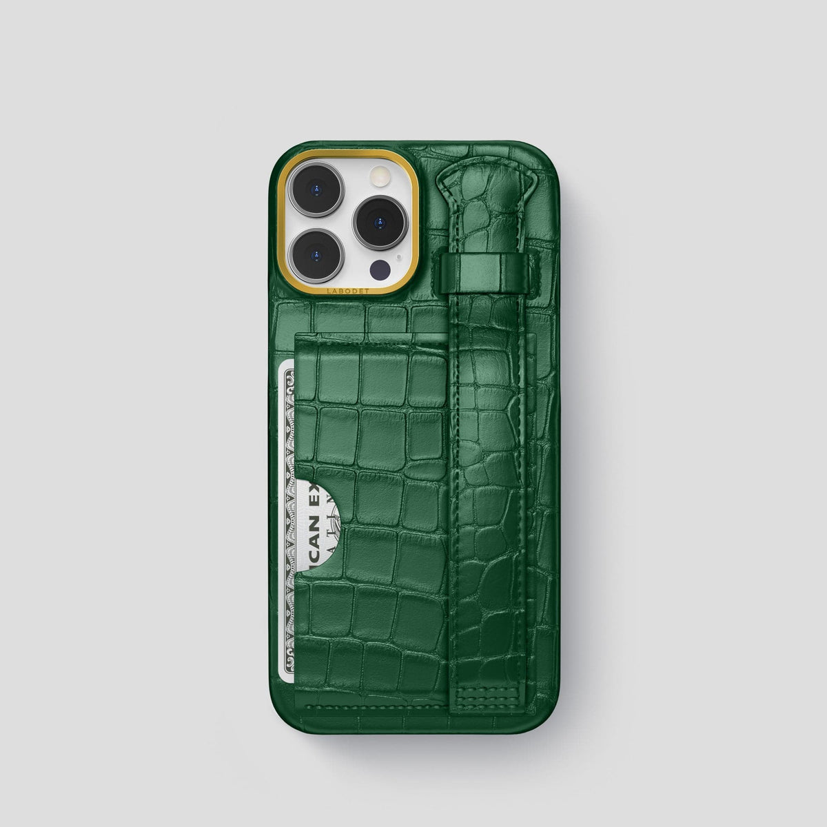 Forest-Green iPhone 14 Pro Cardholder Strap Case Alligator with Gold Metal -1 | Forest-Green-Gold