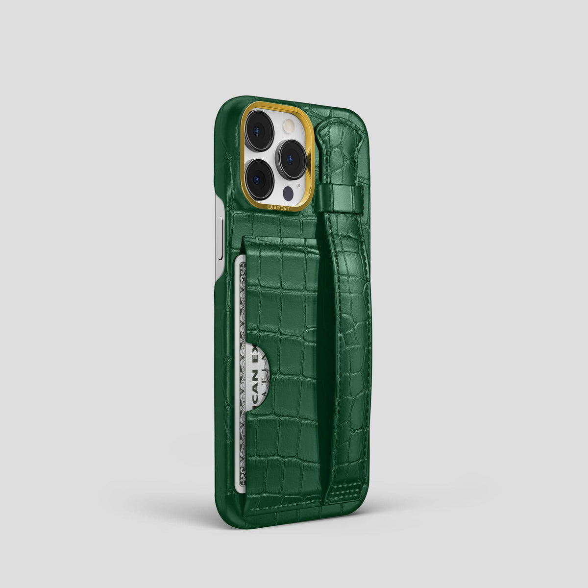 Forest-Green iPhone 14 Pro Cardholder Strap Case Alligator with Gold Metal -2 | Forest-Green-Gold