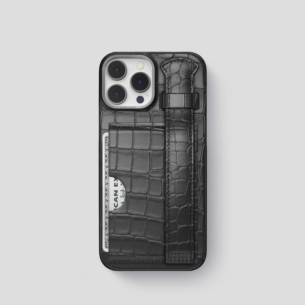 Grey iPhone 14 Pro Cardholder Strap Case Alligator with Steel Metal -1 | Grey-Steel