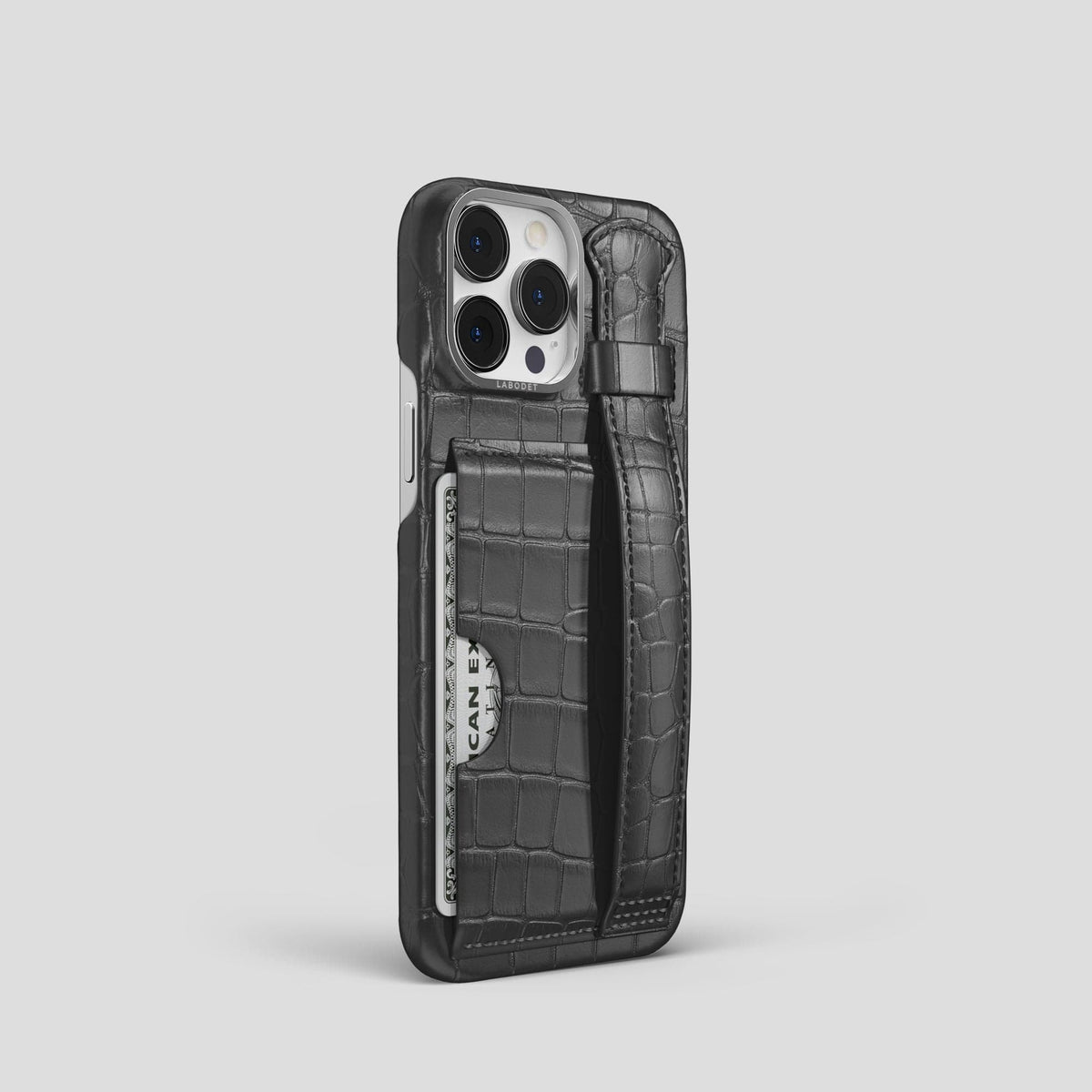 Grey iPhone 14 Pro Cardholder Strap Case Alligator with Steel Metal -2 | Grey-Steel