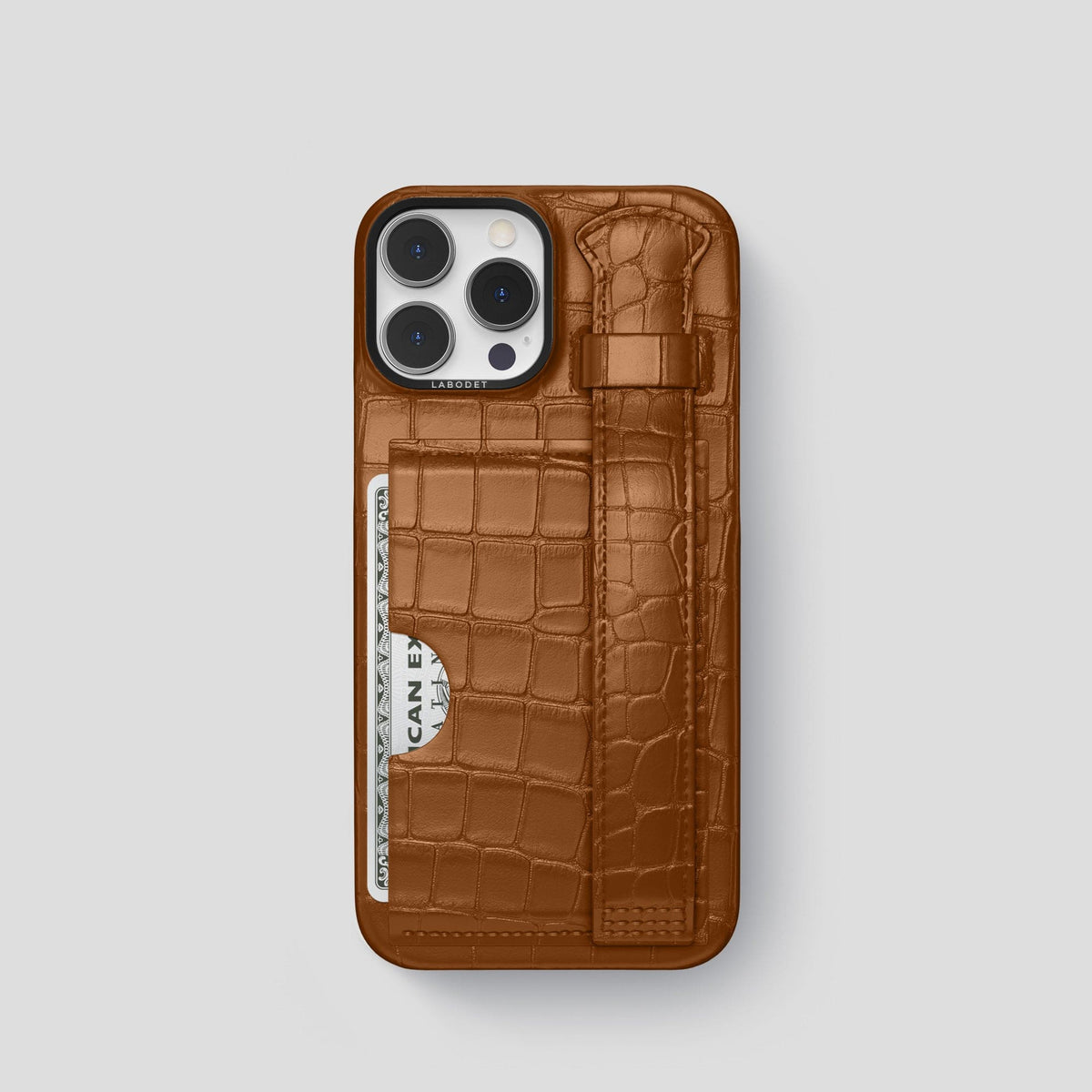 Honey iPhone 14 Pro Cardholder Strap Case Alligator with Black Metal -1 | Honey-Black